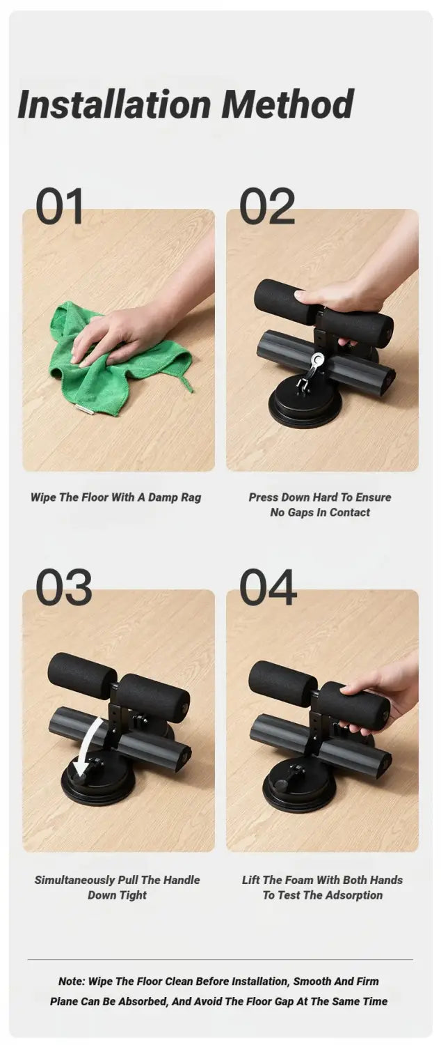 Limpiador de suelo de caucho negro con ventosa y asa, para facilitar la maniobrabilidad en el producto de barra de ventosas para abdominales con soporte ajustable del tobillo.