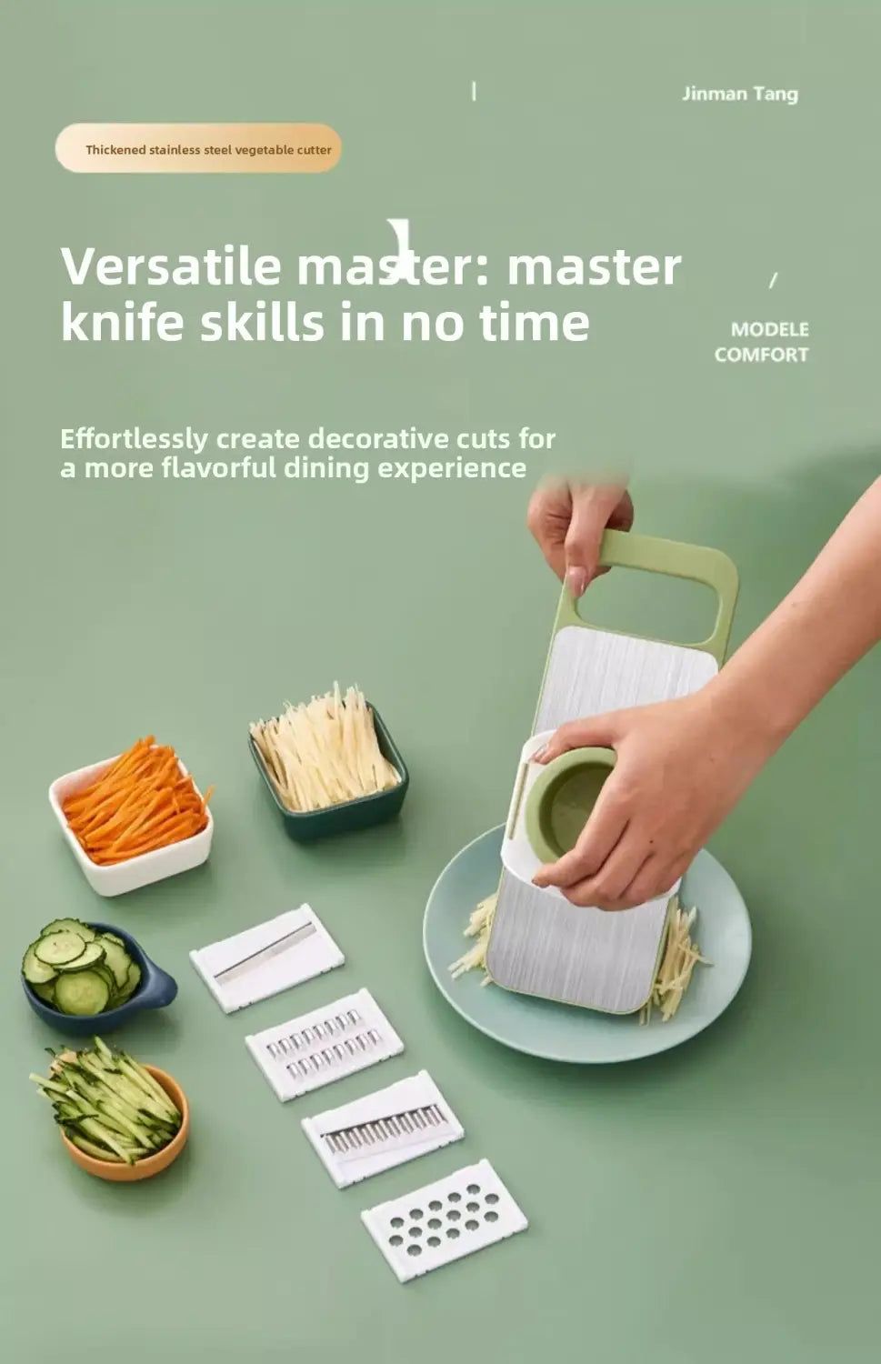 white and light green multi-functional stainless steel vegetable slicer shredder with interchangeable metal blades for versatile kitchen use