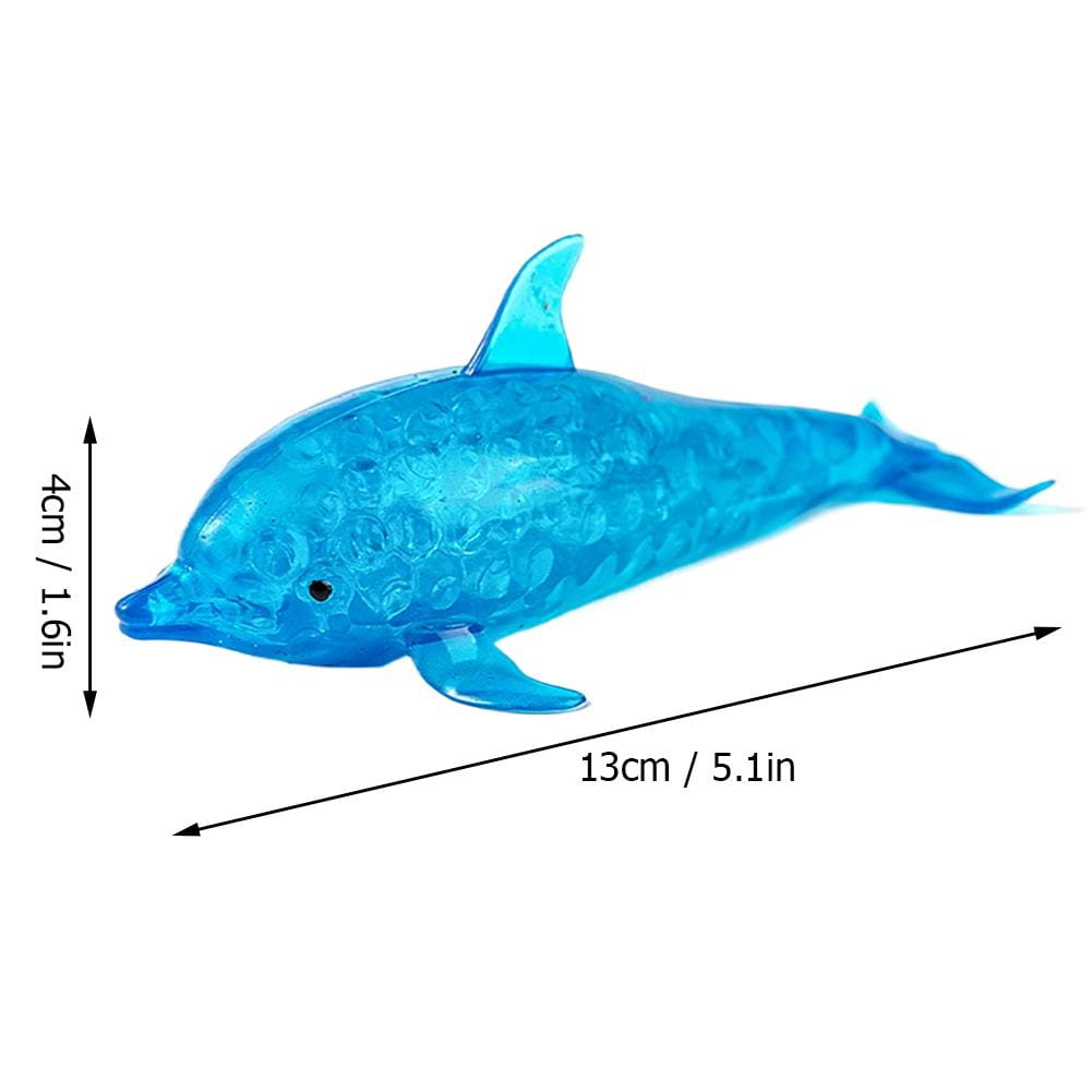 un jouet de soulagement du stress dauphin requin bleu translucide, avec une surface texturée semblable à des bulles, conçu comme un produit d’attention sensorielle.