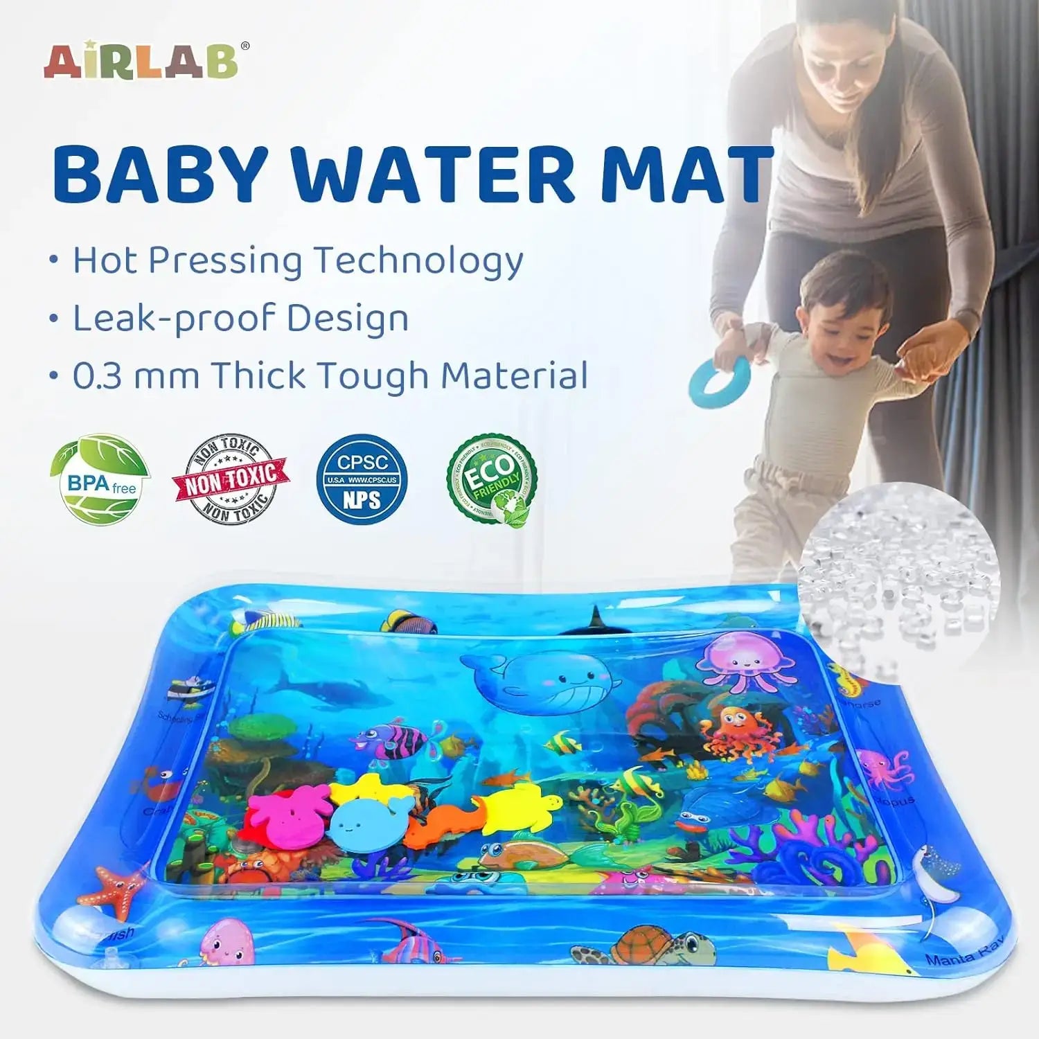 Blue inflatable water mat with colorful ocean-themed characters made of 0.3 mm thick tough material using hot pressing technology for leak-proof safety in an inflatable water mat ocean theme pet play mat.