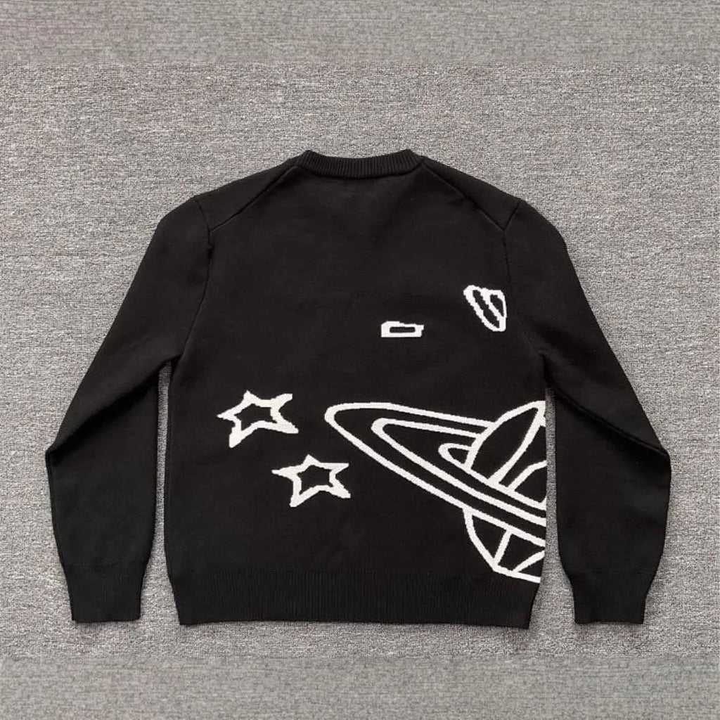 American Street Planet Embroidered Sweater Jacquard Logo Unisex Couple Crewneck Knitwear