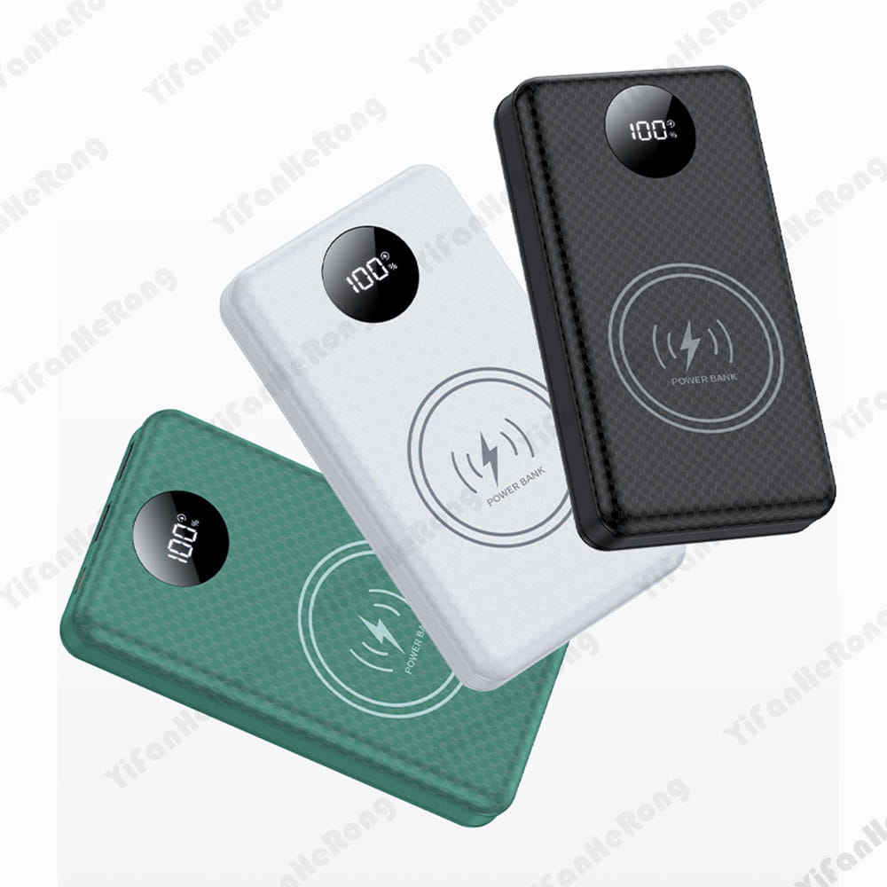 Drei kabellose Powerbanks in Weiß, Schwarz und Grün mit strukturierten Oberflächen und runden digitalen Displays, die 100 Prozent anzeigen; konzipiert als Powerbank-Gehäuse für 6 18650-Batterien mit Schnellladefähigkeiten