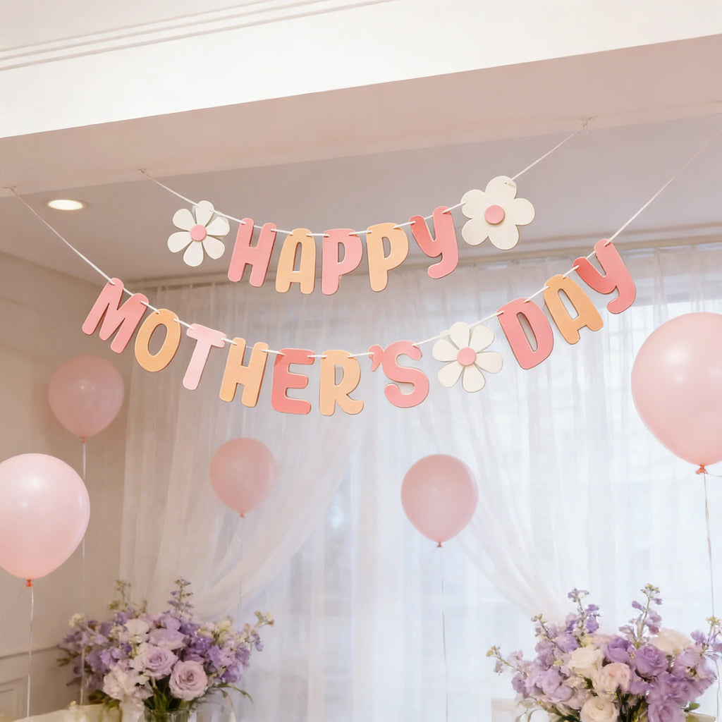 Happy Mother's Day Decorative Banners & Pull Flowers, Wall Hanging Decor for Shop & Room, Photo Booth Props