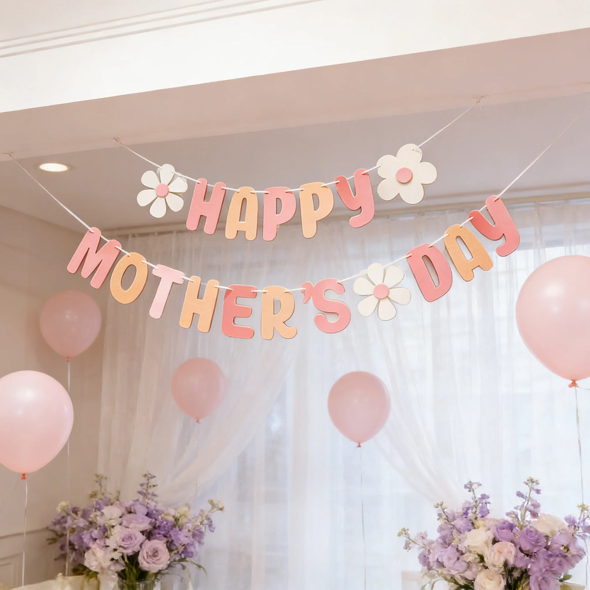 Happy Mother's Day Decorative Banners & Pull Flowers, Wall Hanging Decor for Shop & Room, Photo Booth Props