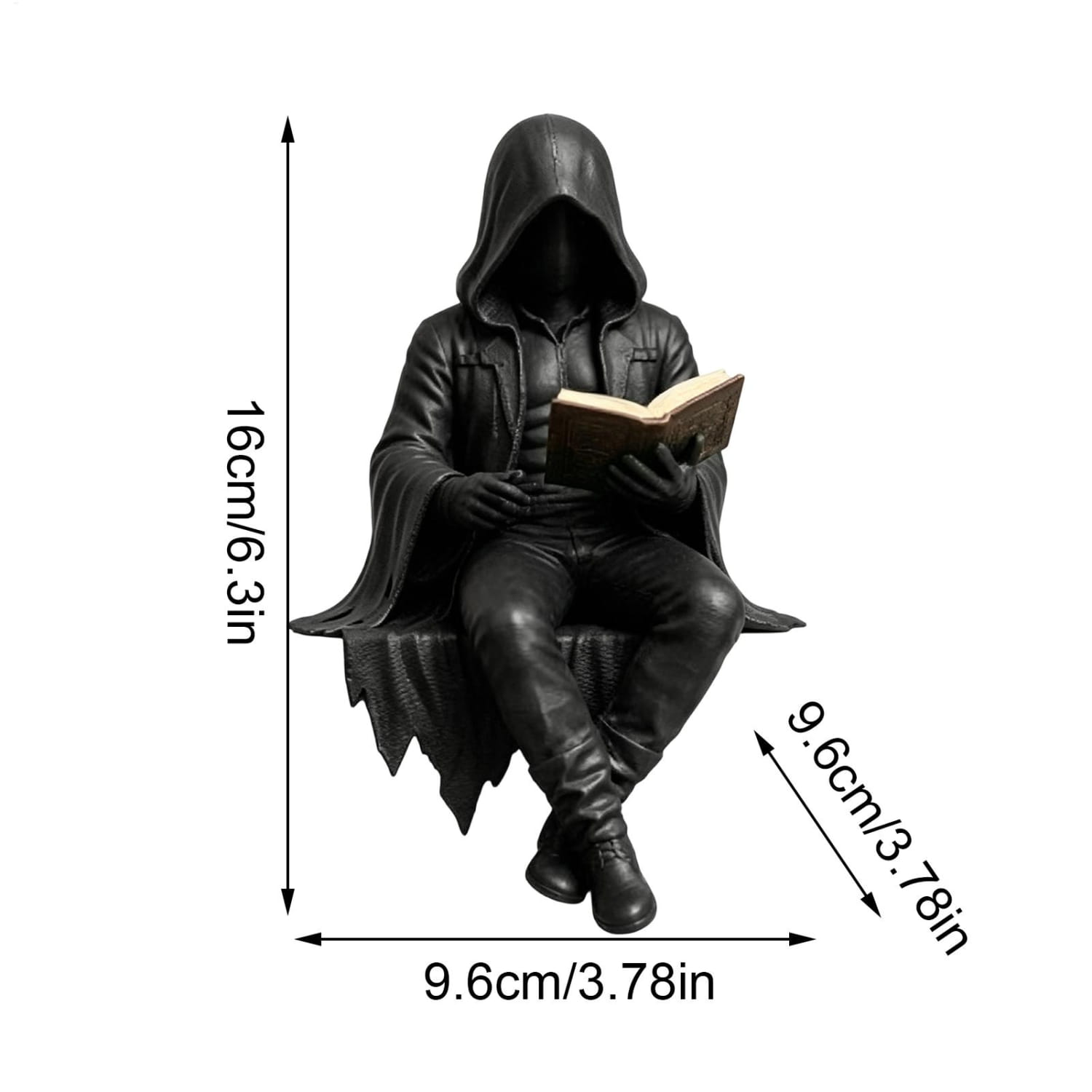 schwarze kapuzengetragene Gothic-Leserfigur, sitzend mit einem Buch, dessen Details in einem matten Material modelliert sind, als unheimliche Dekoration des Bücherregals