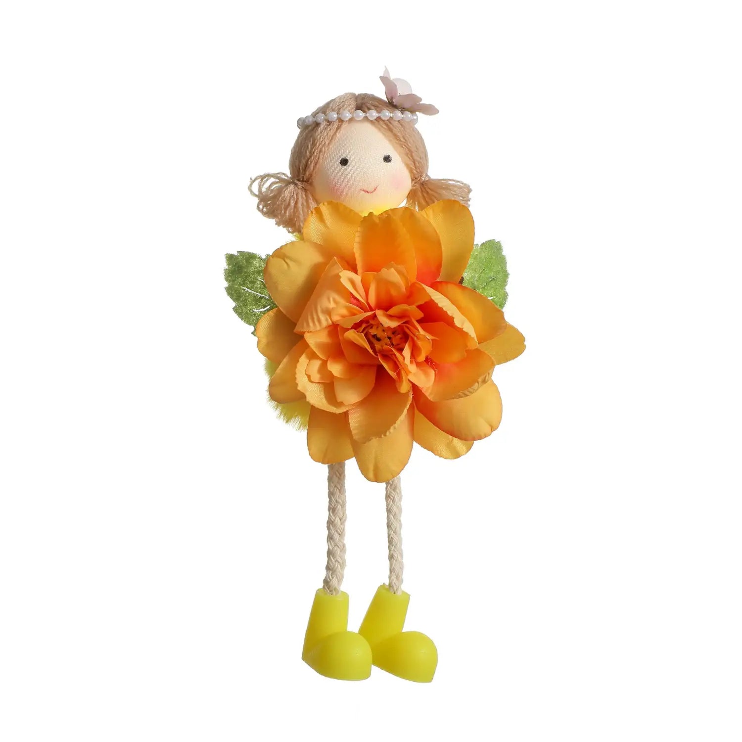 A charming handmade Easter fairy hanging ornament with blonde yarn hair, a cheerful face, and a vibrant orange fabric flower dress accented by green leaves.