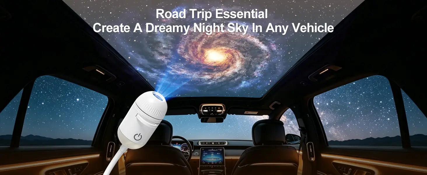 Projecteur USB de galaxie blanc cylindrique avec bouton d’alimentation, conçu comme une lampe de nuit pour projeter un ciel nocturne onirique sur les plafonds du véhicule