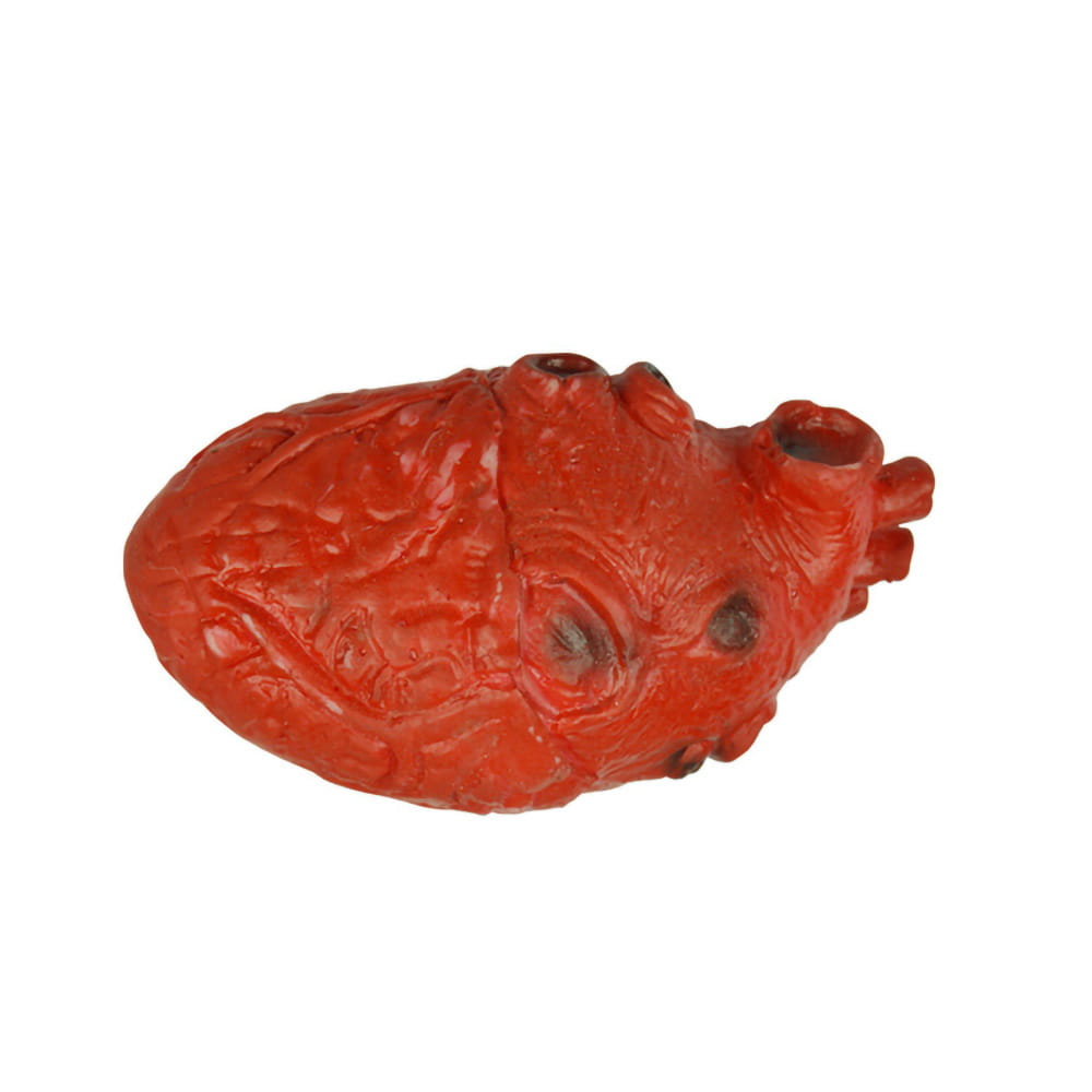 Red anatomically detailed heart-shaped smoking pipe made of ceramic designed as a fake bloody human heart Halloween prop.