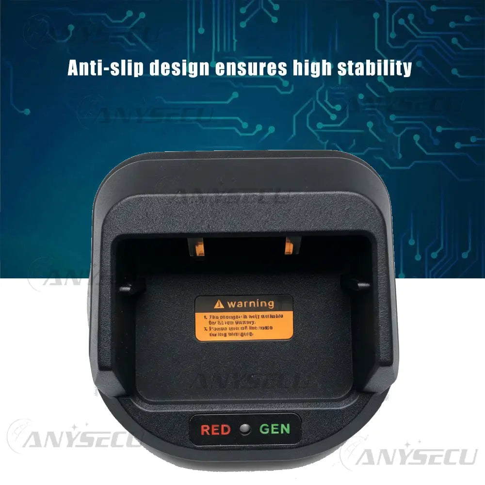 Black plastic anysecu t56 charger desktop type c base with orange warning label and red and green indicator lights.