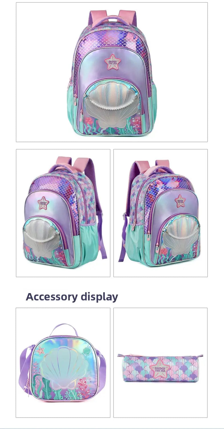Mädchen-Schmetterlings-Rucksack-Set für die Schule mit einem schimmernden lila und türkisfarbenen Meerjungfrauen-Motiv-Rucksack, holografischem Schalen-Design, pinkfarbenen Trägern und Stern-Akzenten.