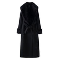 HH Winter Women Elegant Fur Collar Pockets Woolen Long Coat Female Temperament Warm Lapel Long Sleeve Double-breasted Belt Jacke