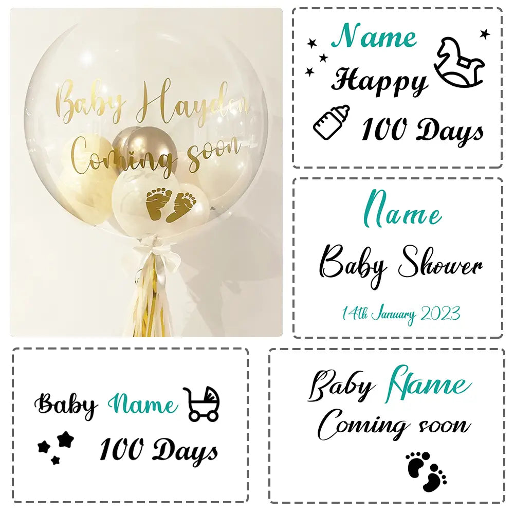 Transparenter 36-Zoll-Bobo-Ballon, dekoriert mit individueller goldfarbener Folienbeschriftung und Fußabdrücken, die kleinere weiße und metallische Ballons zusammenhalten – für eine Baby-Party.
