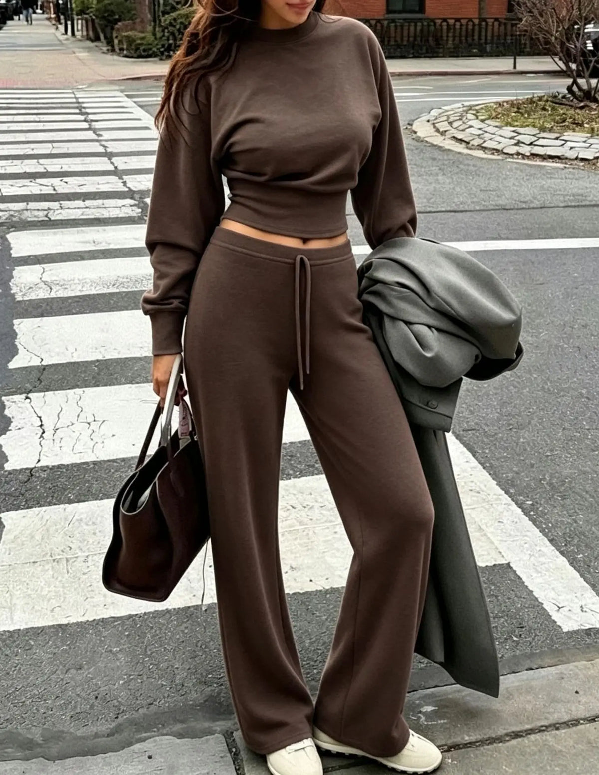 Women's Clothing Autumn and Winter New Casual Waist Top Wide-leg Pants Home Daily Two-piece Set