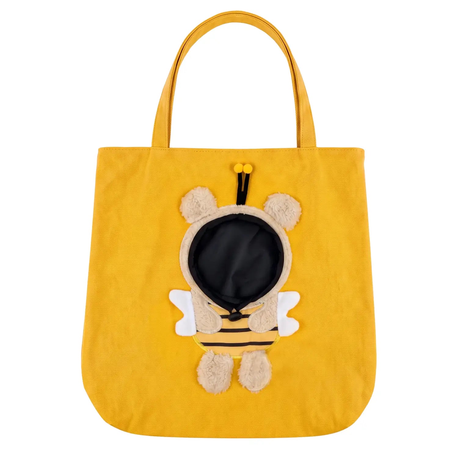 Sac de voyage en toile jaune pour petits chiens, avec une appliqué d’abeille en peluche aux oreilles duveteuses beige, aux ailes et aux pattes à rayures noires, ainsi que deux antennes jaunes, et une boucle de sécurité pour un transport sûr de l’animal.