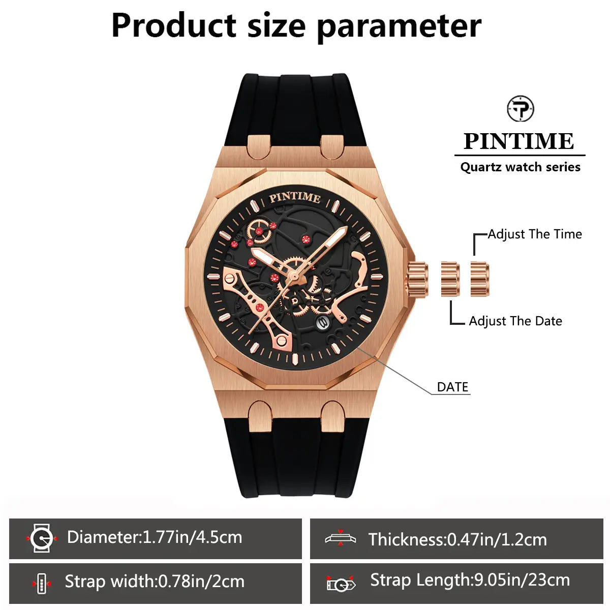 Rose gold Pintime men luxury skeleton quartz watch with a black skeleton dial and black rubber strap.