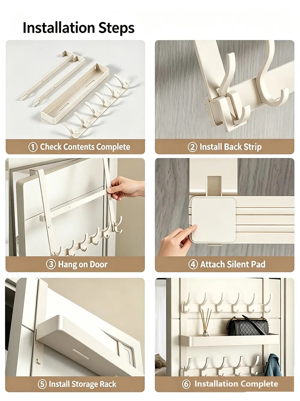 White over door organizer made of metal with multiple hooks and a shelf for organizing coats bags and accessories.