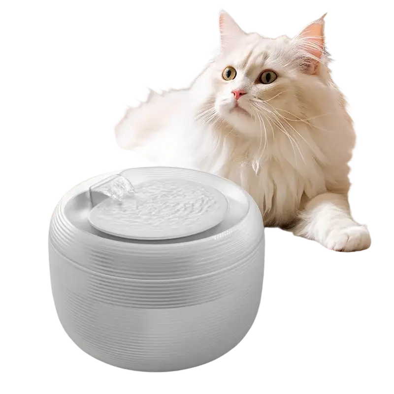 White ceramic cat water dispenser with textured ribbed design and clear plastic spout for quiet pet hydration