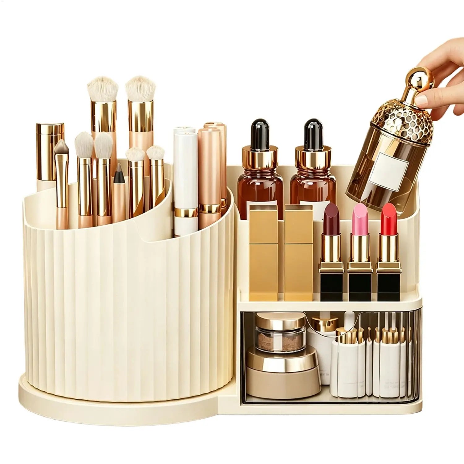 Cremefarbener, vertikal gerippter Make-up-Organizer mit großem Fassungsvermögen und mehreren Fächern, zur Aufnahme von Pinseln, Lippenstiften und Skincare-Fläschchen – geeignet als Make-up-Organizer für den Waschtisch.