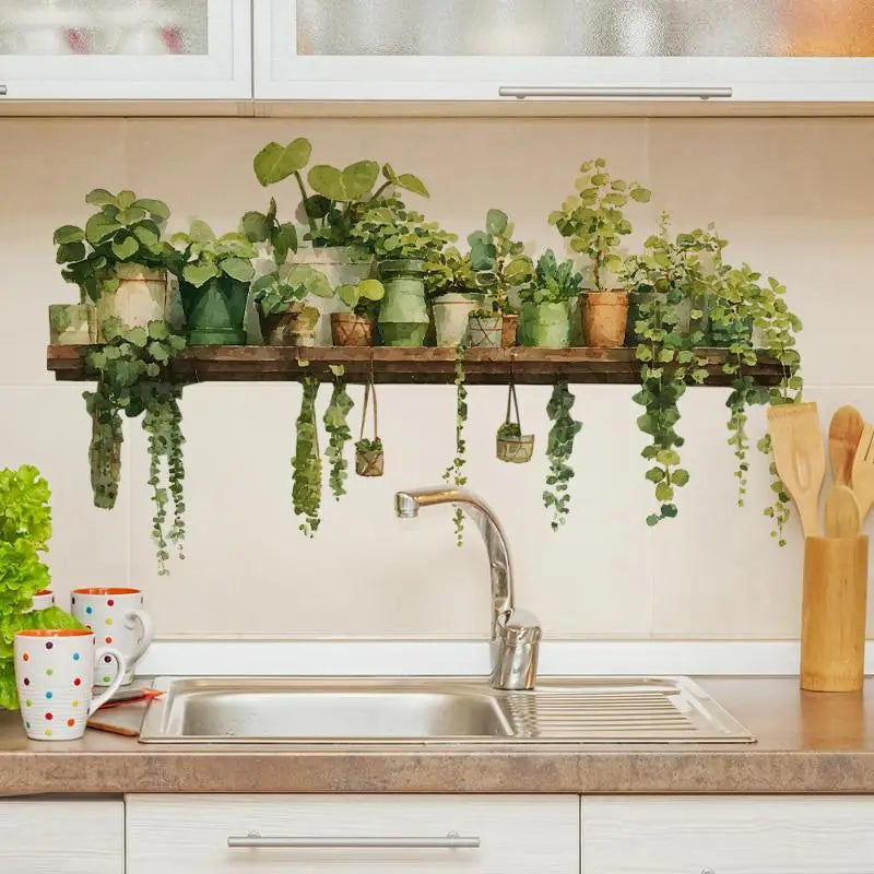 Wooden shelf with hanging green plants in various pots depicted in a watercolor plant shelf wall decal.