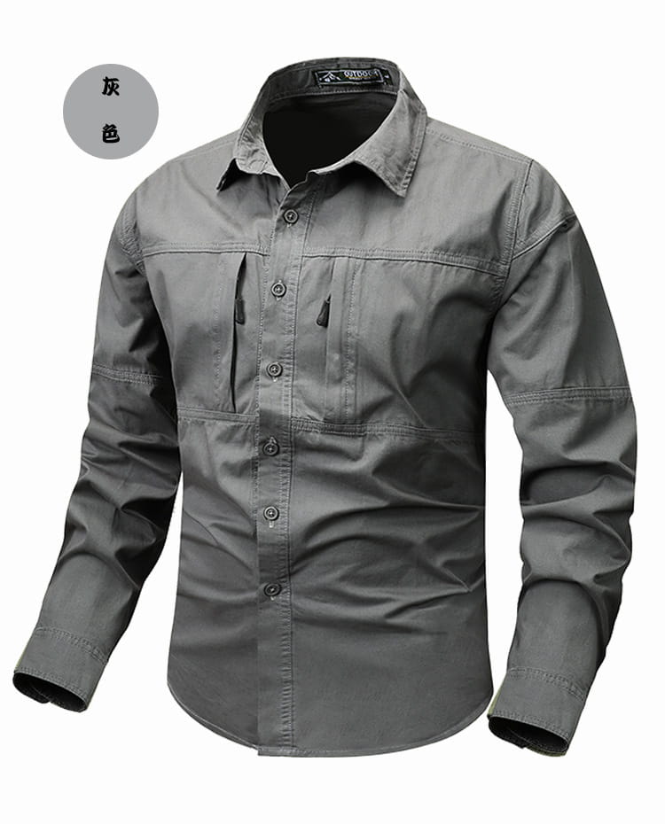 Graues knitterfreies Langarmhemd mit Knopfleiste, Kragen und zwei Brusttaschen für Herren, japanisches Casual-Workwear-Top