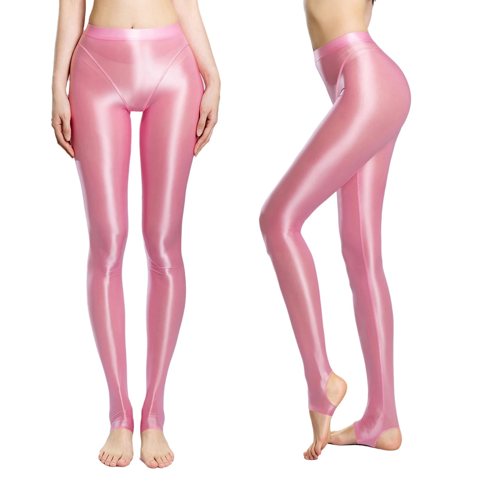 Glossy high waist stirrup leggings in pink shiny material feature a form-fitting design with open-toe cut.