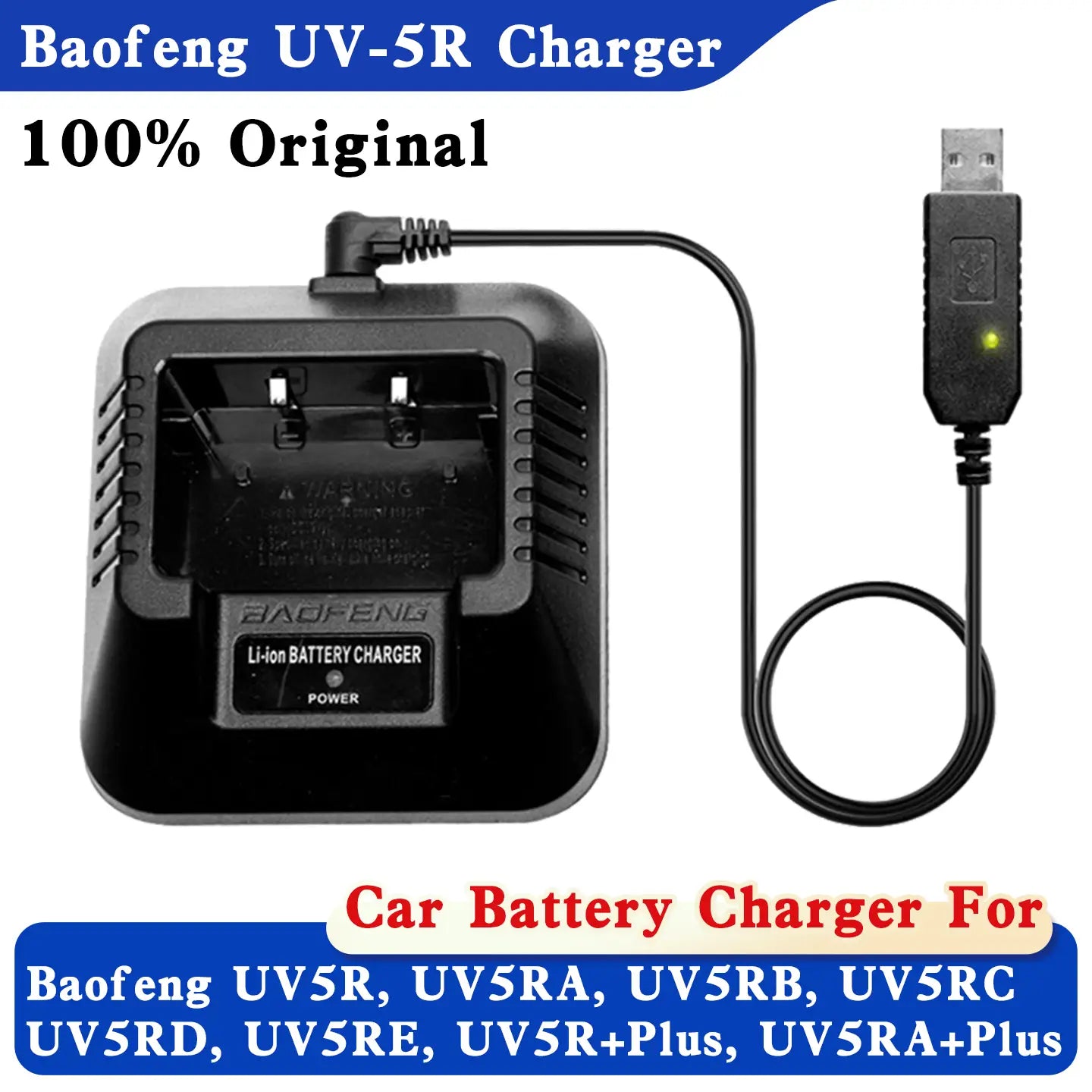 black plastic uv5r li-ion charger for baofeng walkie talkie with coiled usb cable and green power indicator light