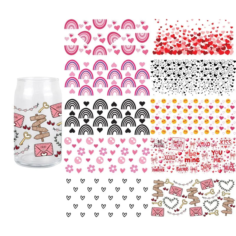 Valentine's Day Design UV DTF 3D Transfer Sticker Wraps Cup Durable Waterproof Love For 16 OZ Libbey Glass Mug Cup Decals