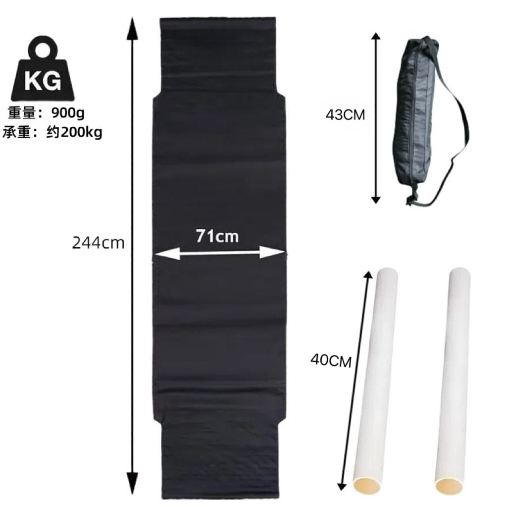 Alfombrilla de yoga de tela negra que mide 244 cm por 71 cm, con una bolsa de transporte y dos varillas rodantes blancas para la hamaca de viaje para cabina de camión, elaborada con malla de poliéster negra.