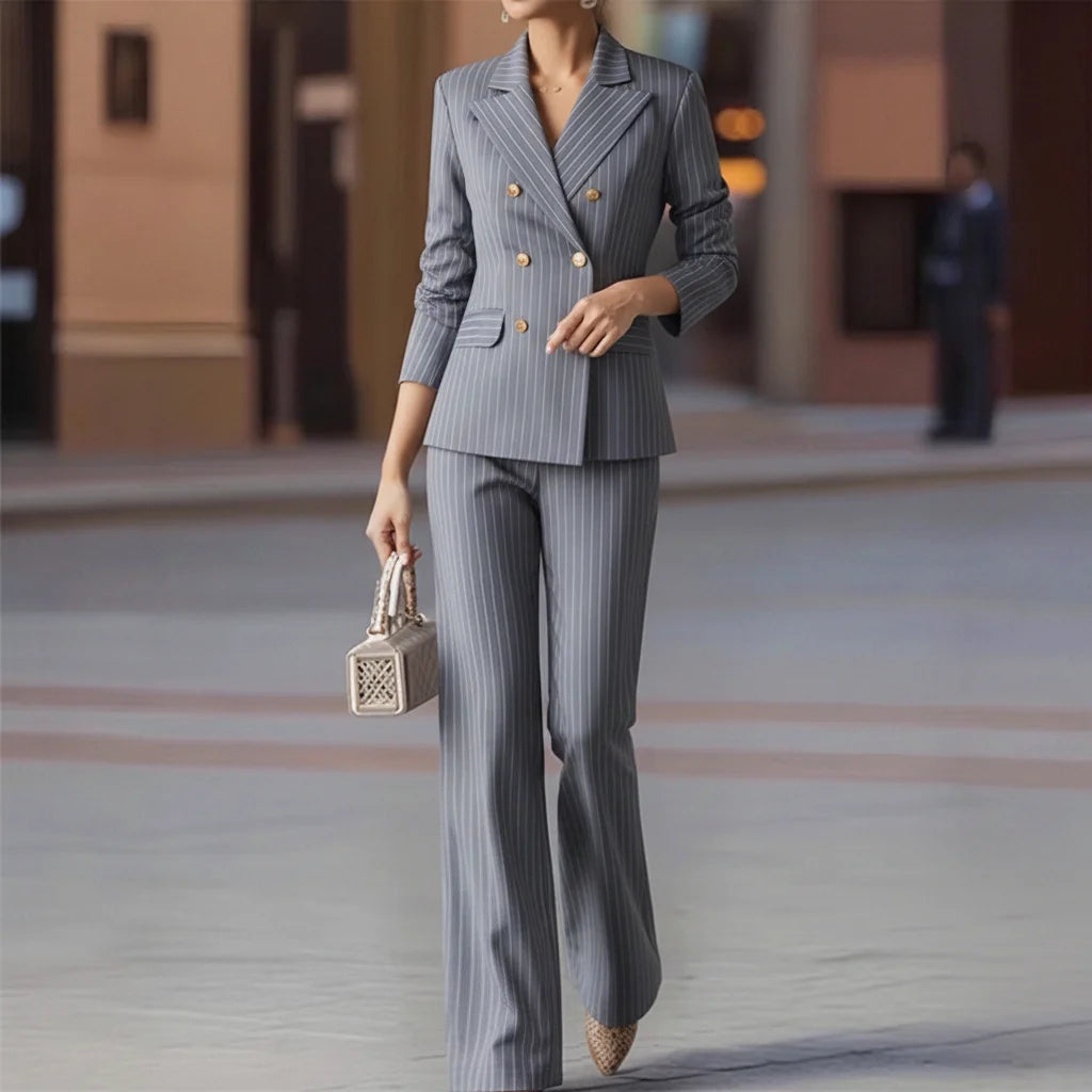 Fashion Autumn Winter Ladies Pant Suit Women Striped Female Business Work Wear Jacket Blazer and Trouser Formal 2 Piece Set