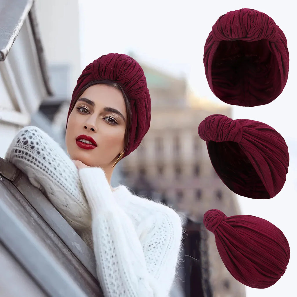 Fashion Women Shine Silver Wire Knot Turban Cap Autumn Winter Warm Headwear Bonnet Casual Streetwear Female Muslim Indian Hats