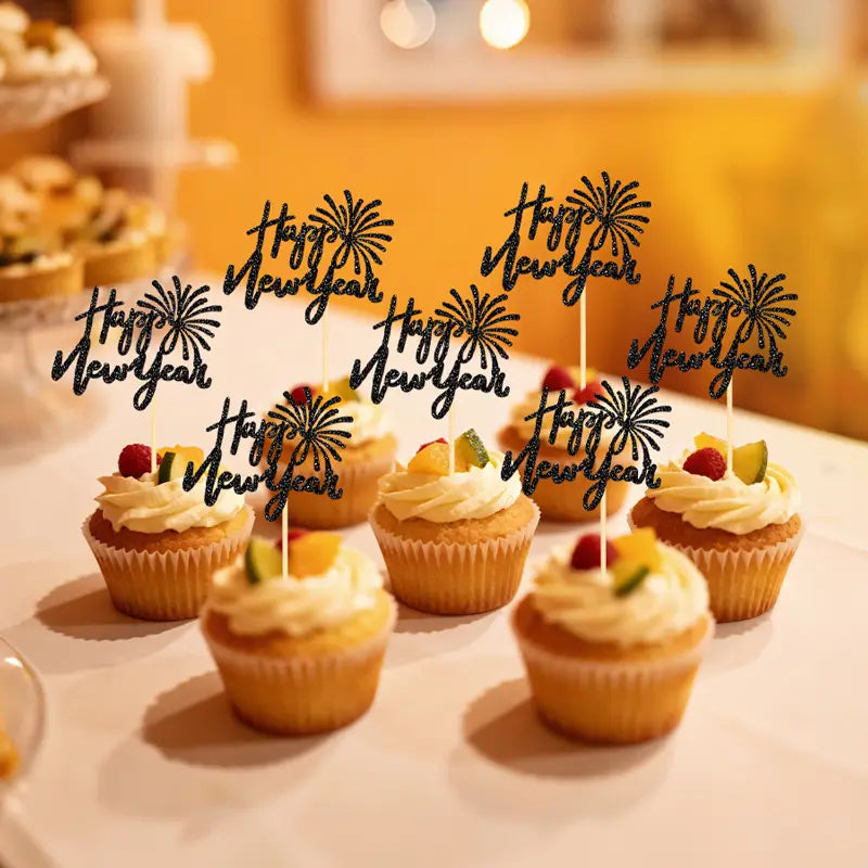 Schwarzglitzer-„Happy New Year“-Cupcake-Topper mit Feuerwerksdesign, Set aus 24 Stück für festliche Dekoration.