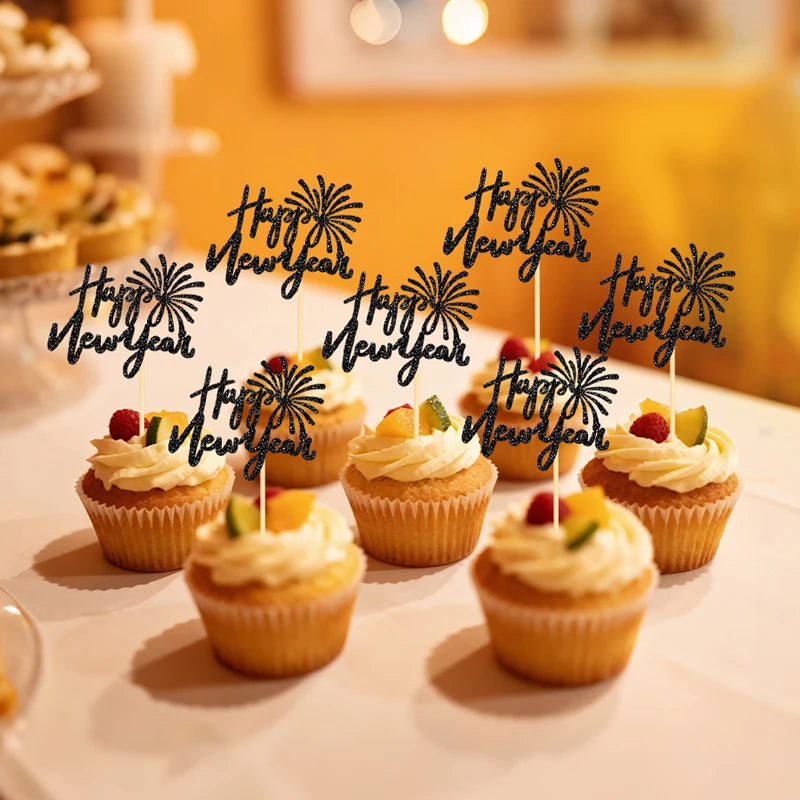 YOMDID 24Pcs Happy new year Cupcake Toppers Glitter New Year Cake Toppers New Year Party Design for Christmas Cupcake Picks