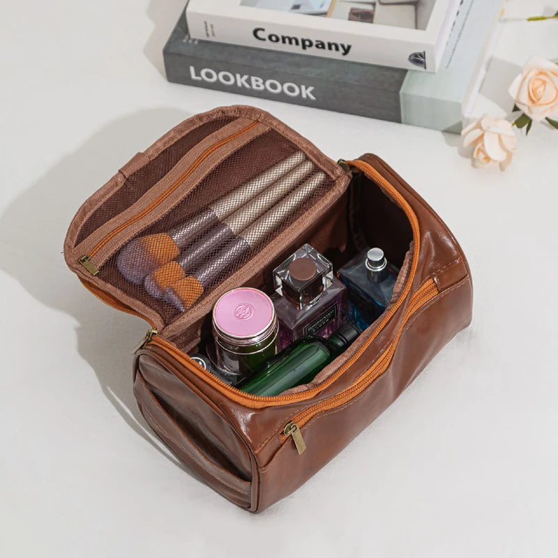 Leather Travel Toiletry Bag for Men Women, Large Capacity Cosmetic Organizer with Hanging Hook, Waterproof Makeup Storage Bag Po
