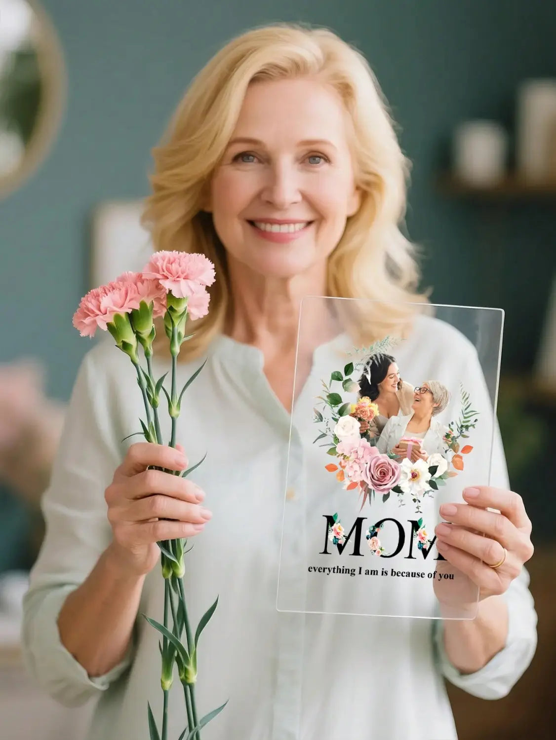 花輪のデザインを施した透明アクリル製プレート。「mom」の文字と「everything I am is because of you」というフレーズをあしらえ、女性の印刷画像を添えて家族ギフトとしてパーソナライズしました。