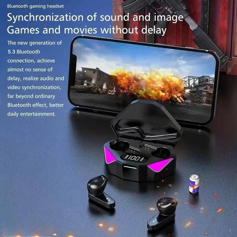 Black X15 wireless gaming earbuds in-ear style with low latency feature and a sleek ergonomic design accompanied by a charging case with vibrant purple LED accents for enhanced music listening experience.