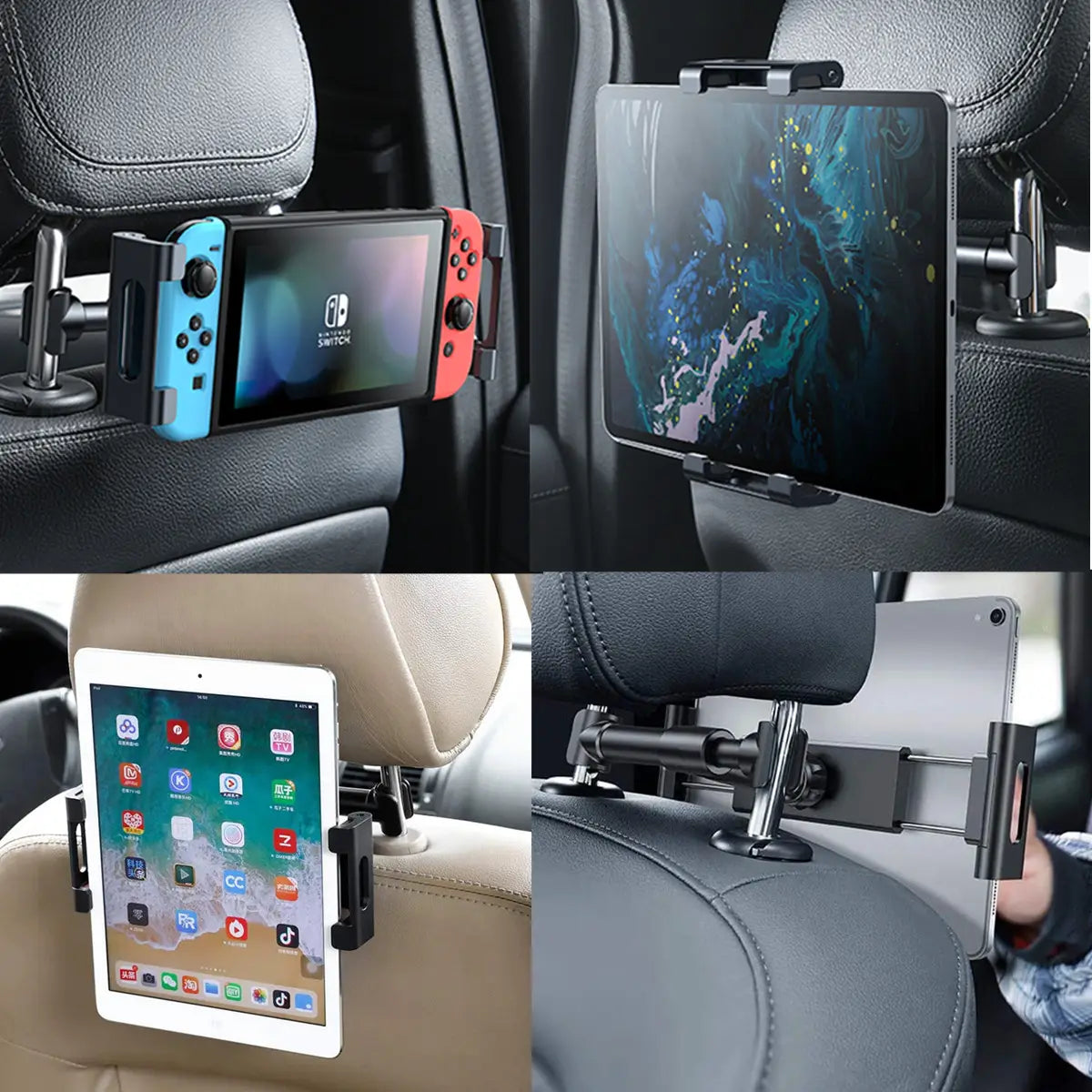 Schwarz verstellbarer Tablet- und Gaming-Console-Halter für die Autokopfstütze, dargestellt von der Rückseite für Geräte von 4,7 bis 13 Zoll