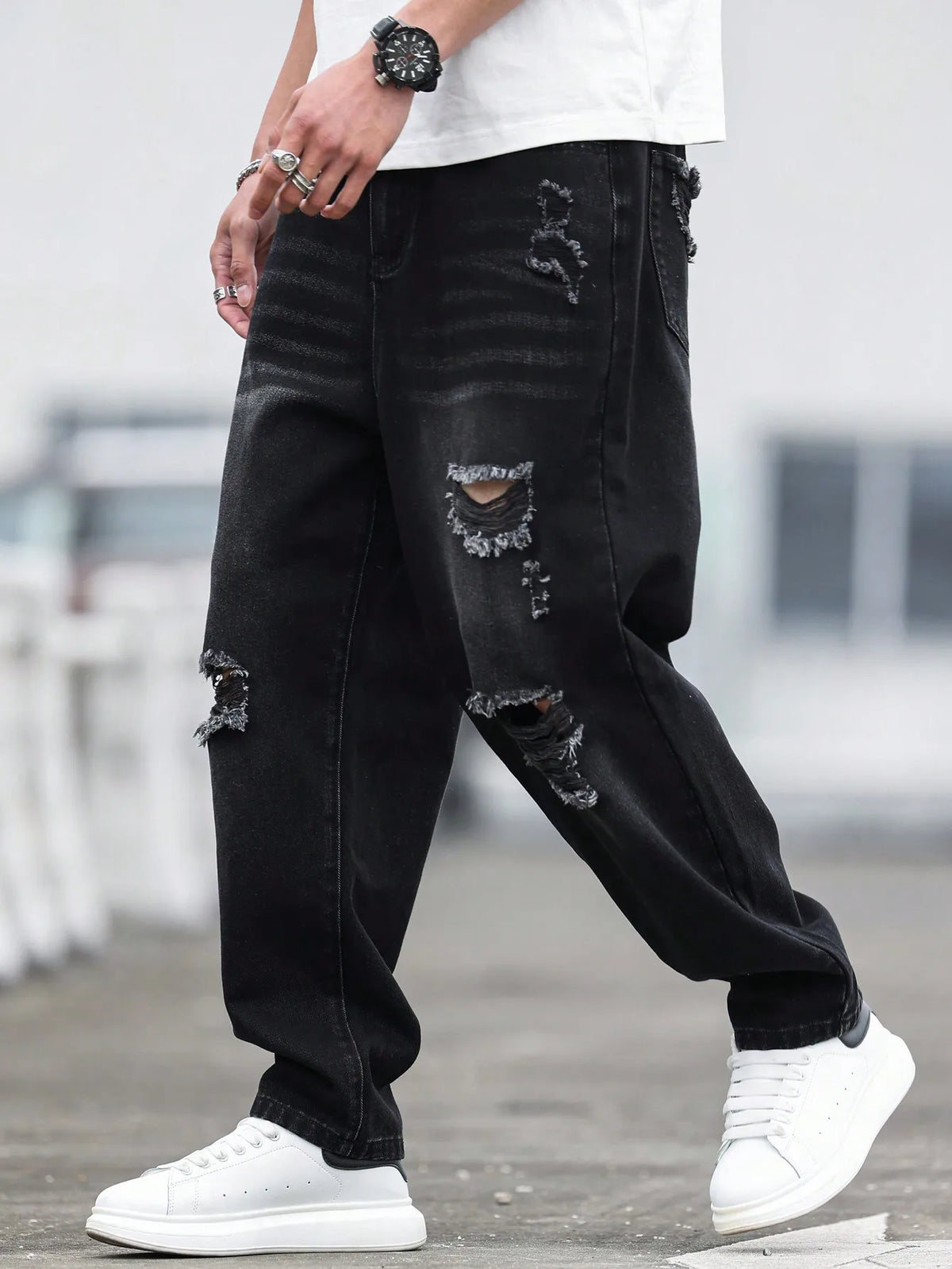 Men's Black Ripped Denim Harem Pants for Spring and Summer, Stylish and Minimalist, a Game - Changer for Lazy Outfits