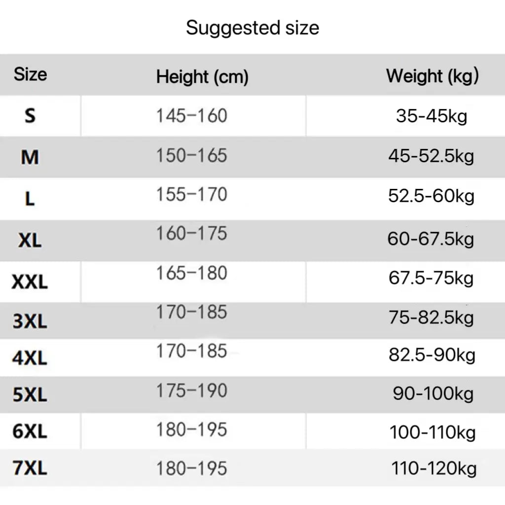 Suggested size chart for men sun protection windbreaker jacket displaying height and weight ranges for sizes s to 7xl.