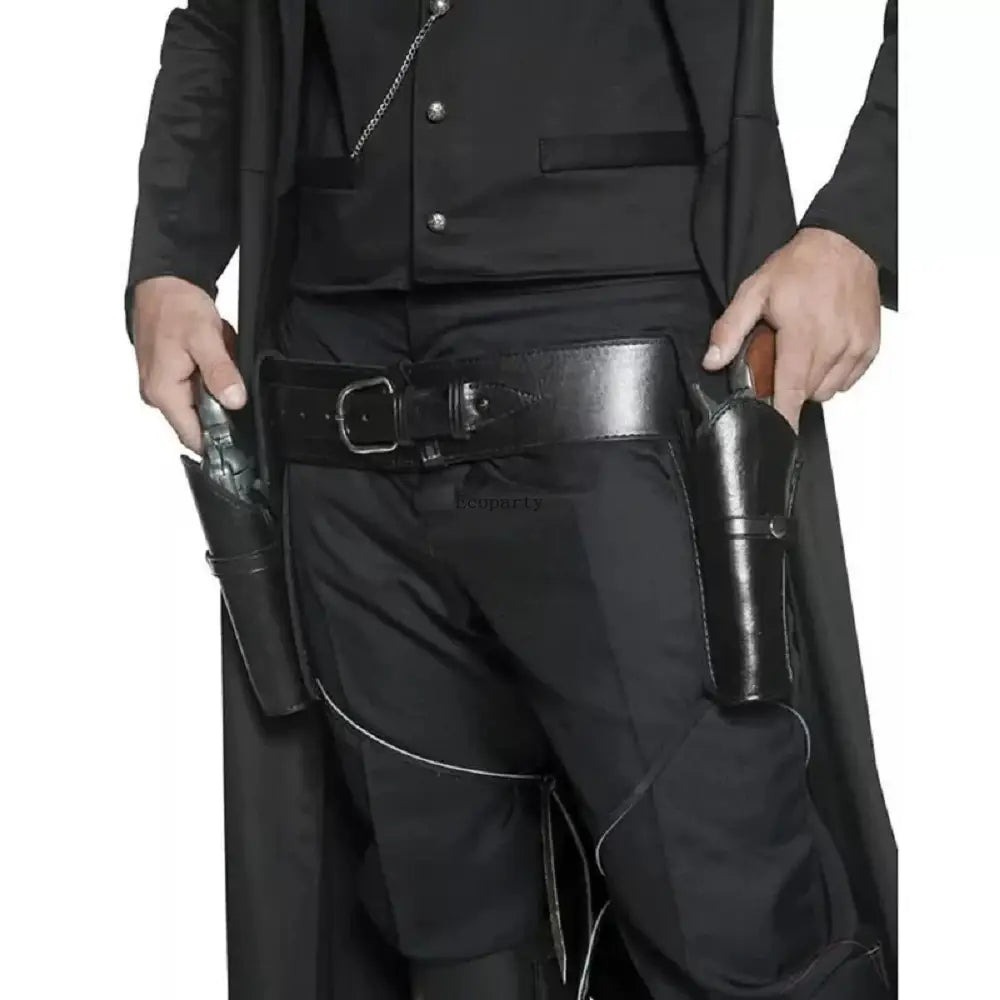 black leather renaissance cowboy double belt revolver holster with silver buckle and stitched detailing designed for captain waistband renaissance use