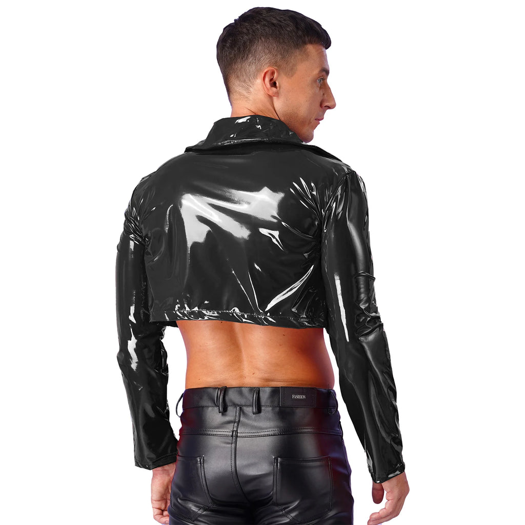 Mens Wet Look Long Sleeve Cropped Coat Lapel Patent Leather Jacket Motorcycle Coats Stage Performance Rave Party Costumes