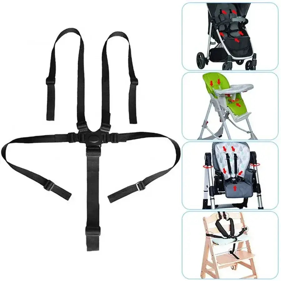 Arnés de seguridad para bebé universal de 5 puntos ajustable de color negro, con múltiples correas y cierres con hebilla para su uso en cinturón para carrito.