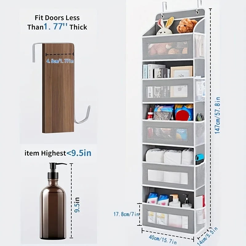Gray over door hanging storage organizer with five pockets featuring multiple compartments and clear plastic fronts for easy visibility.