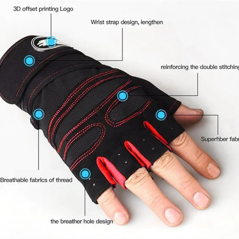 Fitness-Workout-Handschuhe mit Handgelenkstütze in einem schwarzen und roten fingerlosen Design, mit verstärkter Ziernähte, atmungsaktivem Superfasergewebe und einem Handgelenkriemen, gezeigt von der Rückseite