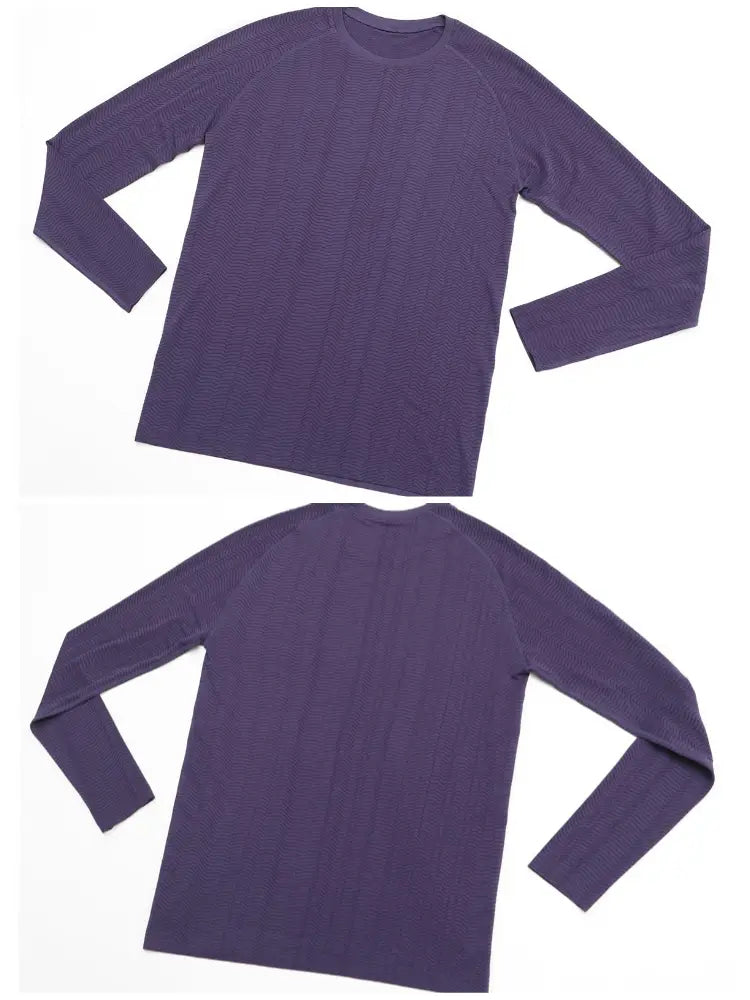 A deep purple men’s quick dry long sleeve athletic fishing shirt with a subtle textured weave and a classic crew neckline.