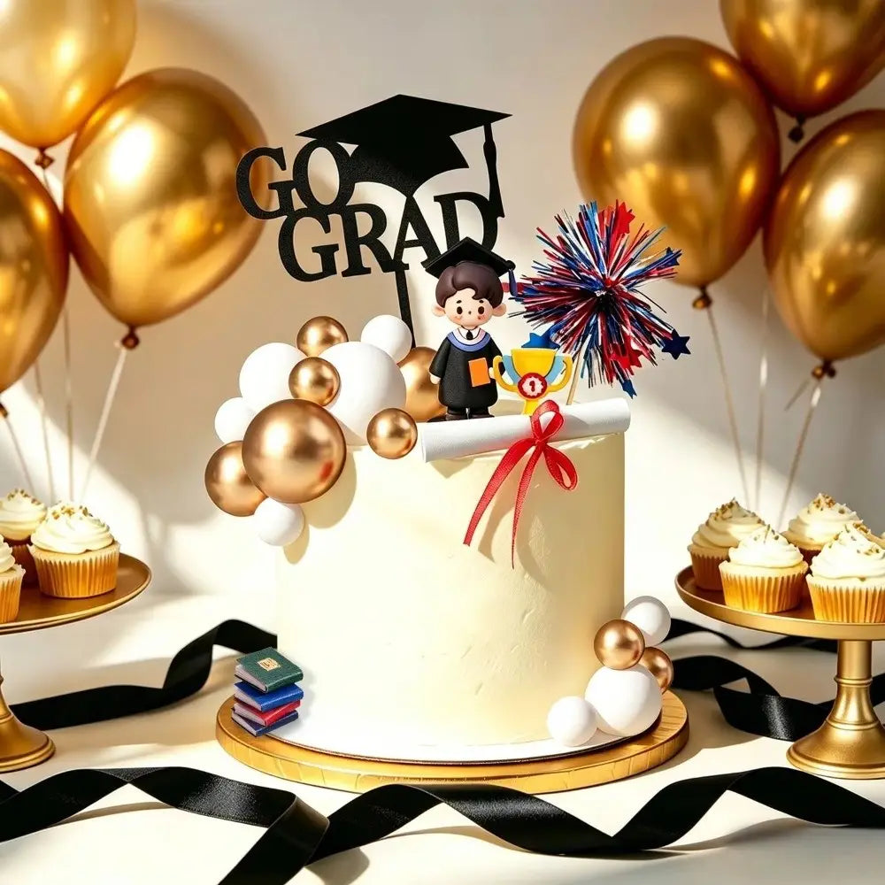 Un gâteau de remise des diplômes blanc, crémeux, décoré de ballons dorés et blancs, avec un accessoire « go grad » noir et une adorable figurine de diplômé tenant un trophée, sujet de gâteau de remise des diplômes.