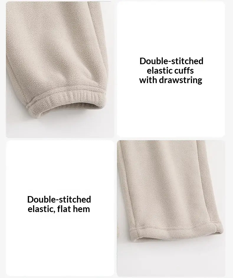 Pantalons de survêtement d’hiver décontractés pour hommes doublés en polaire beige, avec matière en polaire, poignets élastiques à double couture et ourlet plat.