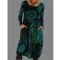 Ethnic Style Casual Dresses Women's Loose Vintage Ruffles Midi Dress Spring Autumn Long Sleeve Boho Printed Party Pocket Dress