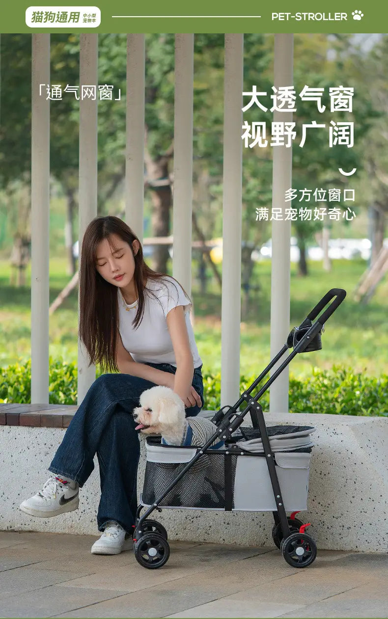 Carrito plegable para mascotas para perros y gatos pequeños de color gris y negro, con grandes ventanas transparentes y múltiples aberturas laterales.