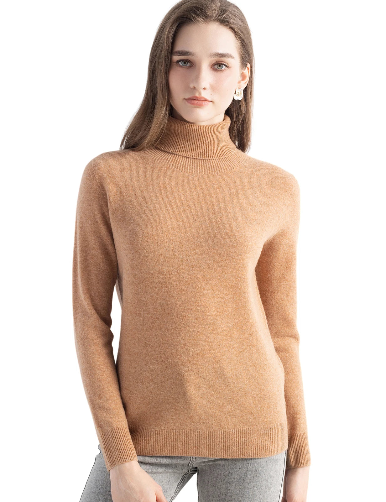A soft camel-colored women merino wool turtleneck sweater with a ribbed collar and cuffs crafted from fine knit fabric.