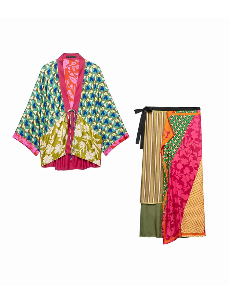 Women Flower Stripe Printed Midi Skirts Two Piece Sets For Women 2026 Summer Chic Tied Blouse Top Suits Woman 2 Piece Outfits